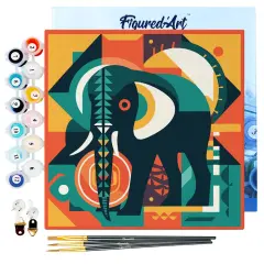 Figured'Art Mini Paint by Numbers Kit for Adults with Frame Elephant Art-Deco Inspired Abstract Small format 8"x8" - Craft Art Painting DIY Canvas Already Stretched on a Wooden Frame