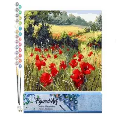 Figured'Art Paint by Numbers Kit for Adults Field of Poppies in the countryside 16"x20" - Craft Art Painting DIY Kit Rolled Canvas without frame