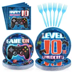 96 Pcs 10th Birthday Video Game Party Supplies 350 GSM Video Game Birthday Decorations Disposable Paper Plates and Napkins Tableware Set for Kids Boys 10th Birthday Gamer Gaming Party Serves 24