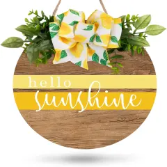 Hello Sunshine Wooden Hanging Sign Summer Welcome Sign Front Door Decor with Lemon Bowknot Rustic Farmhouse Wood Sign Door Hanger for Spring Summer Holiday Home Office Shop Window Wedding