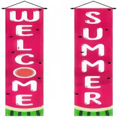 Welcome Summer Door Banner Watermelon Porch Banners Sign Sweet Pink Summer Sunshine Front Door Hanging Decor Banner for Seasonal Home Hawaii Tropical Party Outdoor Decorations