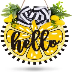 Lemon Wooden Hanging Sign 3D Hello Summer Welcome Sign Front Door Decor with Bowknot Artificial Lemons Rustic Farmhouse Wood Sign Door Hanger for Summer Holiday Home Office Shop Window