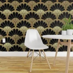 Pre-Pasted Wallpaper 2FT Wide Bold Geometric Black Beige Pale Blue Elegant Scallops 1920S Fan Custom Pre-pasted Wallpaper by Spoonflower