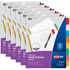Avery Big Tab Write & Erase Dividers for 3 Ring Binders, 8-Tab Set, Multicolor Divider Tabs, Great for Organizing Projects, Reports, Finances, and More (6-Pack of 23079)