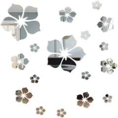 Acrylic Mirror Floral Wall Stickers Self Adhesive Mirror Wall Decor Removable Mirror Decor 3D Flower DIY Wall Sticker for Living Room Bedroom Bathroom (Silver)