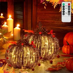 2 Pcs Rattan Lighted Pumpkin Fall Decorations - Brown