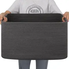 Large Blanket Basket,Storage Basket with Handle, Blanket Basket for Living Room, Rectangle Woven Cotton Rope Basket for Bedroom, Toy Baskets Organizer Bins, 22" x 17" x 12" in, Dark Grey