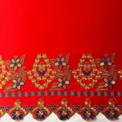 1 Yard Floral Embroidered Border Polyester Fabric 56 inches width, Durable & Elegant Textile Red
