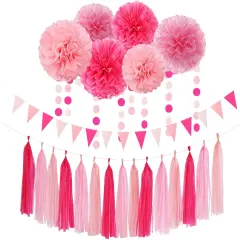 Rose Hot Pink Party Decorations - 23pcs Girl Birthday Baby Shower Tissue Pom Poms Streamers, Bachelorette Bridal Wedding Engagement Supplies Tassel Garland Banner, Favors Decor
