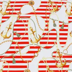 Anchors and Nautical Stripes Printed Spandex Fabric Red/Gold