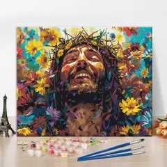 Happy Jesus Paint by Numbers Kit for Adults, Abstract Flower Jesus DIY Paint by Numbers, Oil Paint by Numbers Kit for Beginners, Surreal Portrait Jesus Painting Crafts for Home Decor 16x20 Inch