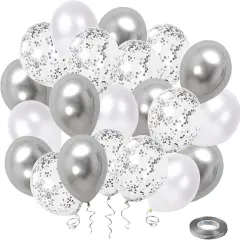 White Silver Confetti Latex Balloons, 50 Pack 12inch Silver Metallic Chrome Party Balloon Set with Silver Ribbon for Wedding Birthday Baby Shower Decorations