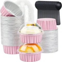 5oz Cupcake Pans with Dome Lids 100 Pack,LNYZQUS Aluminum Foil Small Cake Baking Tin,Disposable Ramekins Cupcake Baking Cups Containers,Mini Pie Pans Muffin Tins Jumbo Cupcake Liners-Pink