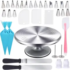 12 Inch Cake Turntable Cake Decorating Supplies Kit, 33 pcs Rotating Aluminium Cake Stand Set, Baking Tools with 20 Icing Tips, Bags, 3 Icing Smoother, Straight & Offset Spatula, Silicone Spatula