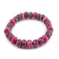 The Bead Chest Mala Stretch Bracelet, Pink - Stackable Nepal Bone Inlaid with Turquoise & Coral Colors, 100% Authentic and Genuine