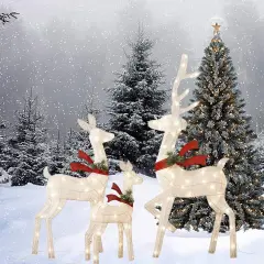 Dazzling White Cotton Thread Lighted Deer Family Set for Holiday Decor 60"+48"+32"