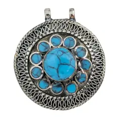 The Bead Chest Turquoise Blue Inlaid Afghan Silver Pendant Afghanistan White Metal Large Hole