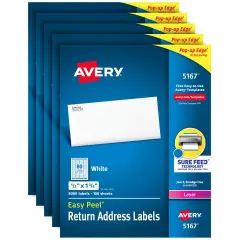 Avery Easy Peel Return Address Labels, Sure Feed Technology, Permanent Adhesive, 1/2" x 1-3/4", 8,000 Labels (5167) - 5 Pack