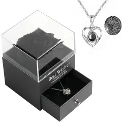 Preserved Real Rose with Heart Necklace I Love You in 100 Languages(Black)