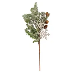 18" Frosted Fir Berry and Snowflake Pick with Brown Paper-Wrapped Stem