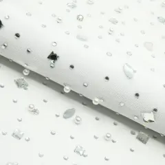 1 Yard Brilliance Beaded with Rhinestone Stretch Mesh Fabric 36" x 65/66" Silver