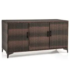 Costway 84 Gallon 3-Door Patio Wicker Storage Cabinet Deck Box with Removable Shelves Black/Mix Brown
