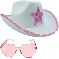 4E's Novelty 2 Sets White Cowgirl Hat with Pink Star, Brim Sequins and Light Pink Heart Sunglasses - Sparkly Cowgirl Hat Perfect Cowgirl Costume for Girls