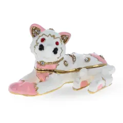 Pink and White Cat Jeweled Trinket Box Figurine