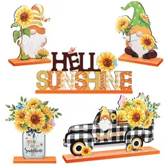 5 Pcs Sunflower Table Sign Sunflower Wooden Table Centerpieces Sign Summer Gnome Wooden Table Decor Sunshine Table Decoration Signs Gnome Wooden Centerpiece for Home Party(Colorful)