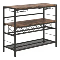 41 Inch 4-Tier Rustic Brown Metal Frame Bar Table with Wine Rack and Glass Holders
