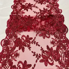 1 Yard Burgundy Sequin Lace Fabric 100% Polyester Embroidered Mesh for Bridal & Evening Wear
