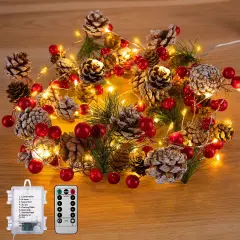 9.8 Ft 60 LEDs Red Berry Pine Cone Battery Operated Christmas Garland Lights with 8 Modes