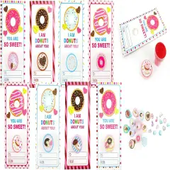 Tiny Mills 36 PACK Donuts Cards with Donuts Stampers for Valentine's Day Classroom Exchange Birthday Party Favor Prizes Valentine's Day