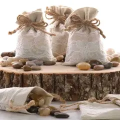 5"x3" Linen & Lace Drawstring Bags Natural/White