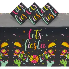 3 Pack Let&rsquo;s Fiesta Table Covers for Cinco de Mayo Decorations, Mexican Taco Party Supplies (54 x 108 In) Black