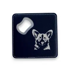 Coaster W/ BOTTLE OPENER - Corgi - SET OF 2 LEATHER Black/Silver