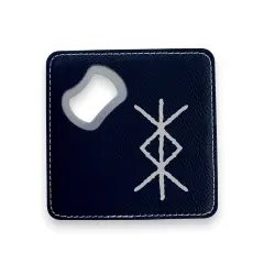 Coaster W/ BOTTLE OPENER - Viking Protection Rune - SET OF 2 LEATHER Black/Silver