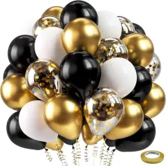 Black and Gold Confetti Balloons,60pcs 12 inch Black White and Gold Metallic Latex Party Balloons Set with Gold Ribbon for Birthday,Wedding,Baby Shower,Gold Theme Party Graduation Decorations