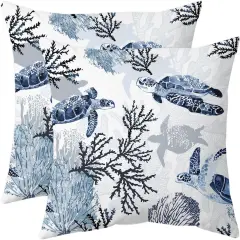 Nautical Coastal Throw Pillow Covers Set of 2 Beach Themed Ocean Coral Sea Turtle Decorative Pillow Cases Outdoor Sofa Cushion Cover for Bedroom Living Room, 18x18, Blue