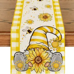 Yellow Buffalo Plaid Sunflower Gnome Bee Summer Table Runner, Spring Kitchen Dining Table Decoration for Home Party Decor 13x72 Inch