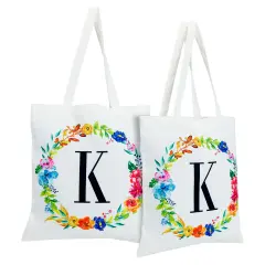 Set of 2 Reusable Monogram Letter K Personalized Canvas Tote Bags for Women, Floral Design (29 Inches) White