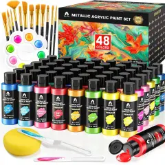 64 Pcs Metallic Acrylic Paint Set with 12 Brushes, 2 Knives & Palette - 48 Colors (2oz/60ml) for Adults, Kids, Artists & Beginners - Easter Basket Stuffers, Rock & Egg Painting Kit