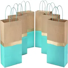 13" Large Paper Gift Bags (Pack of 6 - Turquoise & Kraft) for Birthdays