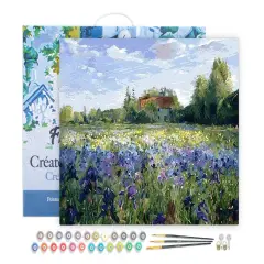 Figured'Art Paint by Numbers for Adults with Frame Countryside field and Blue Flowers 16"x20" - Craft Art Painting DIY Kit Canvas Already Stretched on a Wooden Frame