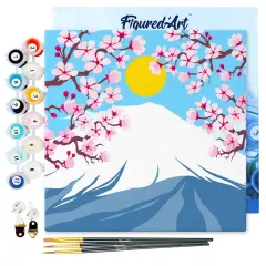 Figured'Art Mini Paint by Numbers Kit for Adults with Frame Cherry blossom and Mount Fuji Small format 8"x8" - Craft Art Painting DIY Canvas Already Stretched on a Wooden Frame