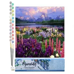Figured'Art Paint by Numbers for Adults Flowers and Lake near the Mountain 16"x20" - Craft Art Painting DIY Kit Rolled Canvas without frame