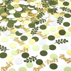 400 Pcs Greenery Baby Shower Confetti Scatter Decorations Green Brown White Table Confetti Dots with Eucalyptus and Gold Scatter for Baby Shower Gender Reveal Decor