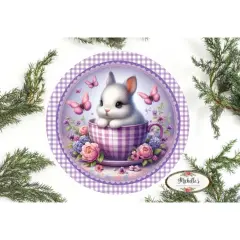 Purple Plaid Check Easter Spring Bunny Teacup Sign