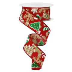 1.5" Gingerbread Cookies Ribbon: Red (10 Yards)