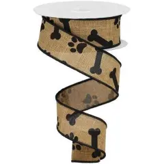 1.5" Paw Print Royal Ribbon: Tan & Black (10 Yards)